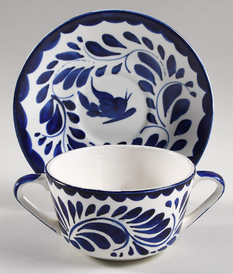 Puebla Blue Flat Cream Soup Bowl & Saucer Set by Anfora (Mexico)-1