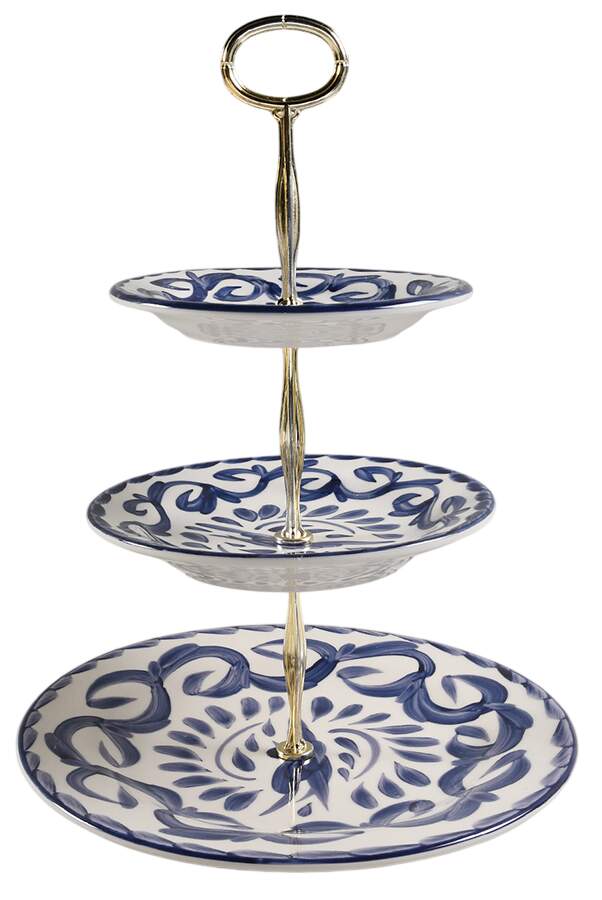 Puebla Blue 13 7/8"-14 1/4" 3-Tiered Serving Tray(DP,SP,BB) HC by Anfora (Mexico)-1