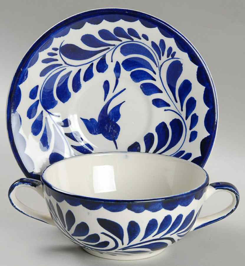 Puebla Blue Flat Cream Soup Bowl & Saucer Set by Anfora (Mexico)-1