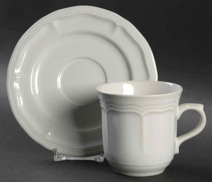 White Baroque Flat Cup & Saucer Set by Anchor Hocking-1