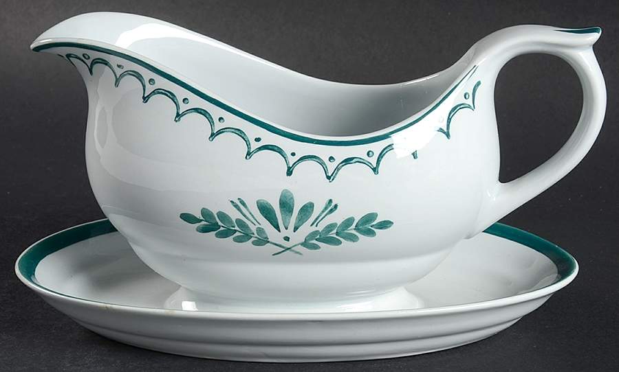 Green Thistle Gravy Boat with Attached Underplate by Arabia of Finland-1