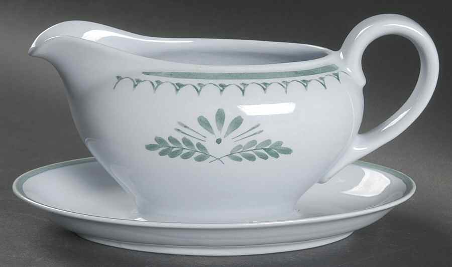 Green Thistle Gravy Boat with Attached Underplate by Arabia of Finland-1