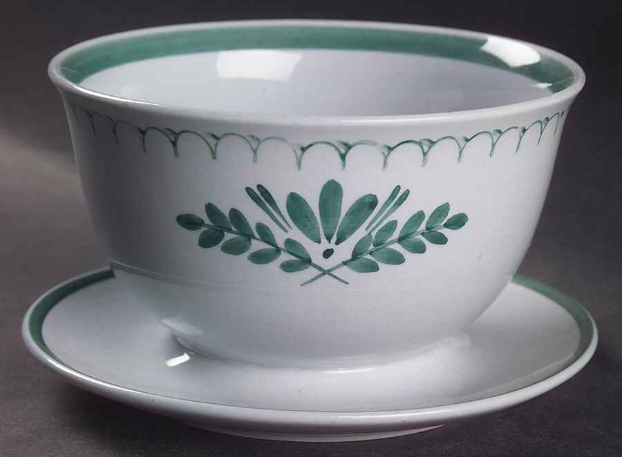 Green Thistle Round Gravy Boat/Attached Underplate by Arabia of Finland-1