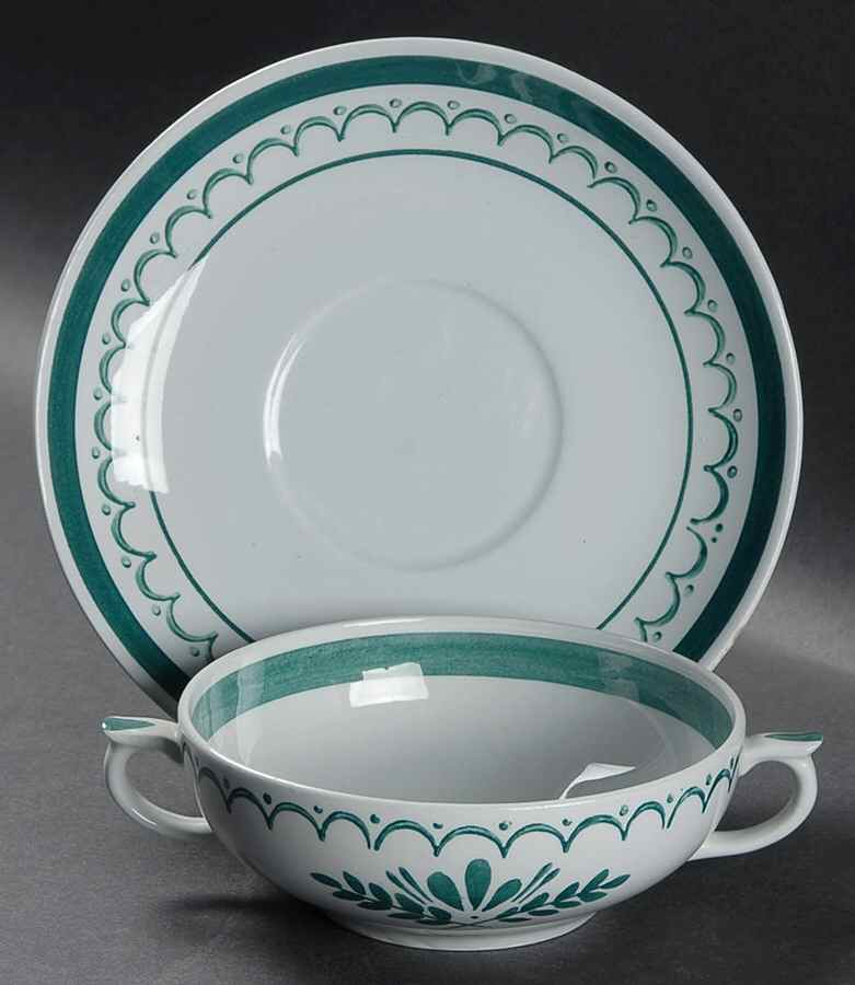 Green Thistle Flat Cream Soup Bowl & Saucer Set by Arabia of Finland-1
