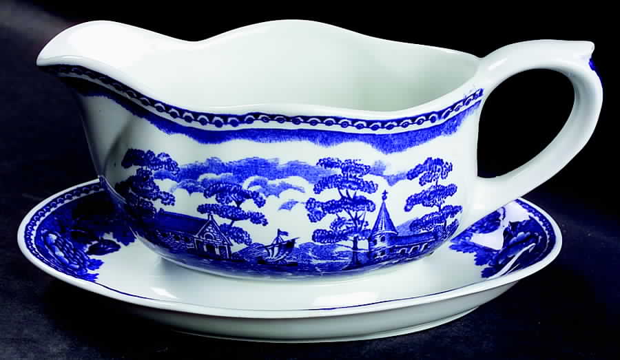 Landscape Blue Gravy Boat with Attached Underplate by Arabia of Finland-1