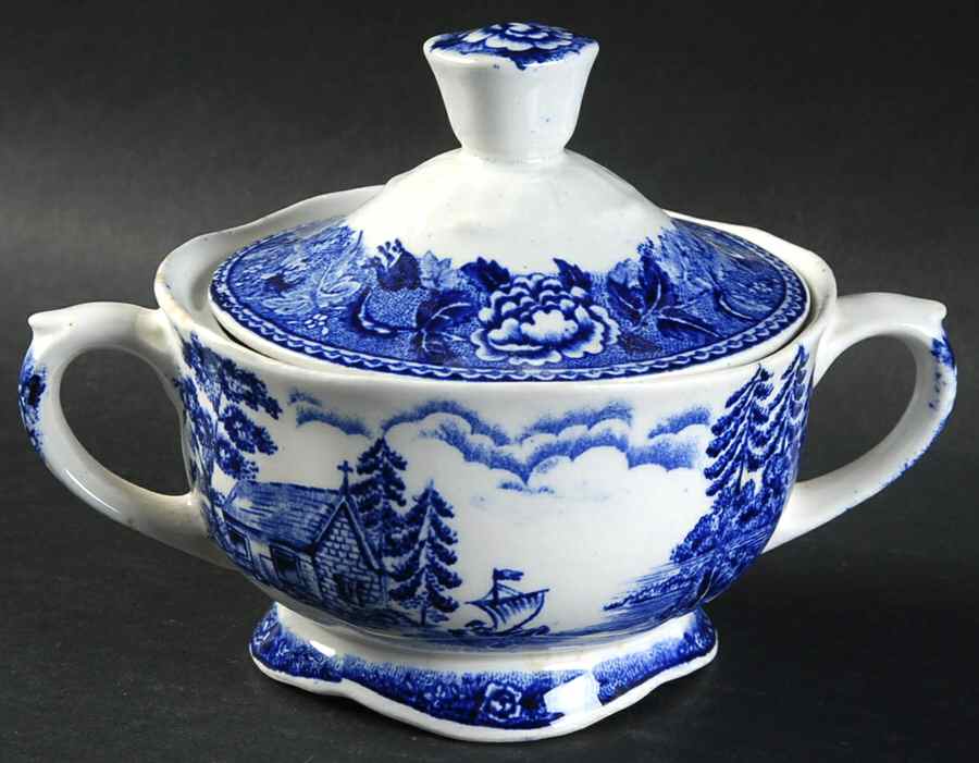 Landscape Blue Sugar Bowl & Lid by Arabia of Finland-1