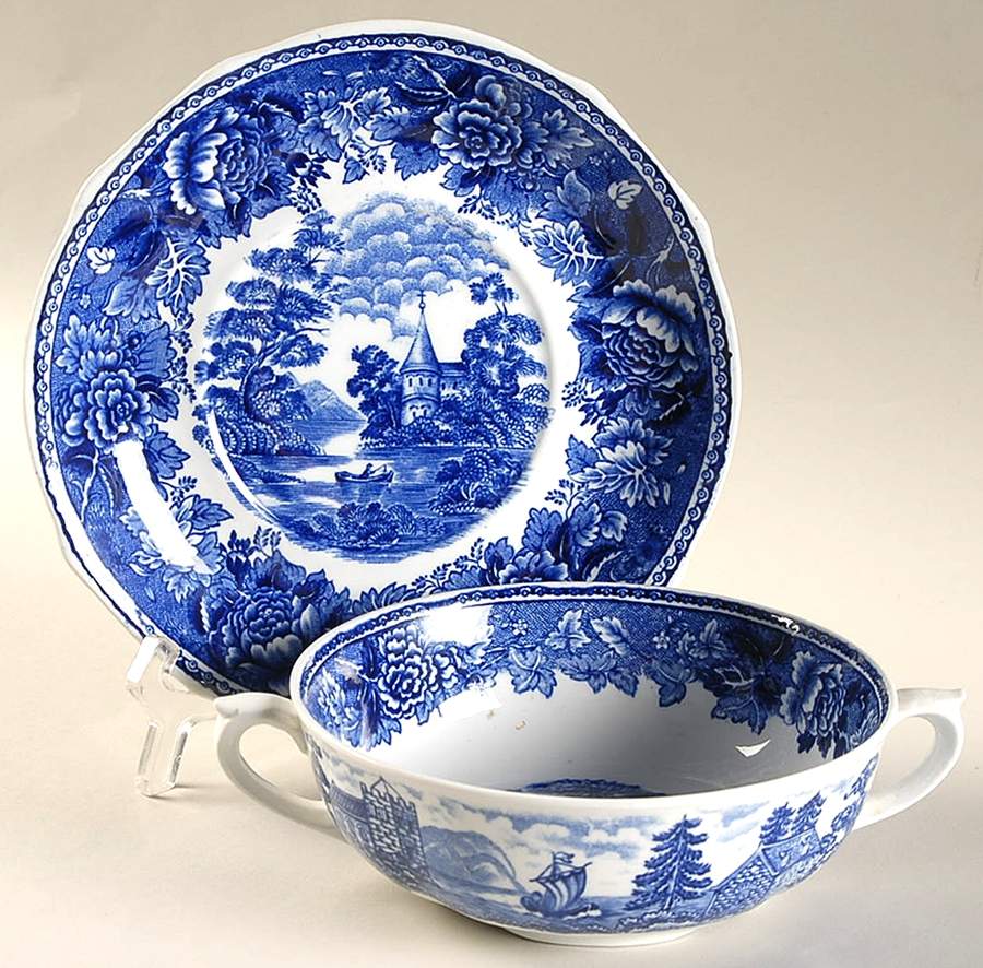 Landscape Blue Flat Cream Soup Bowl & Saucer Set by Arabia of Finland-1