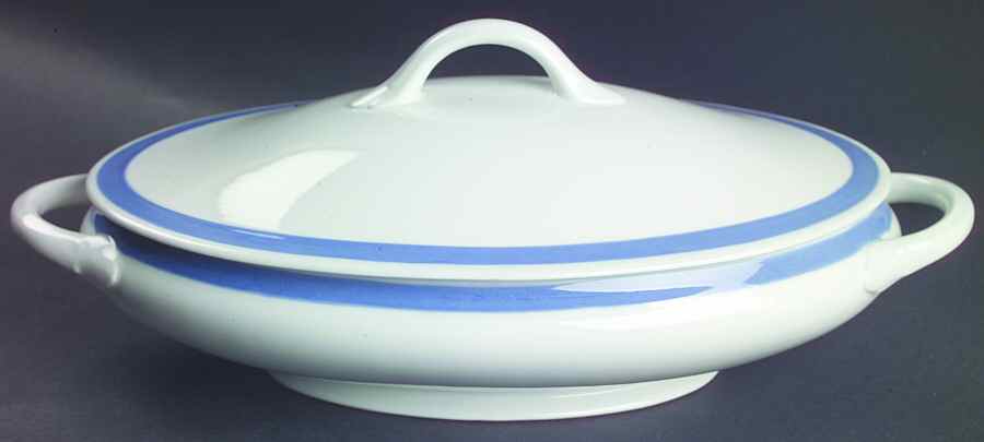 Ribbons Blue (White Background) Oval Covered Vegetable by Arabia of Finland-1