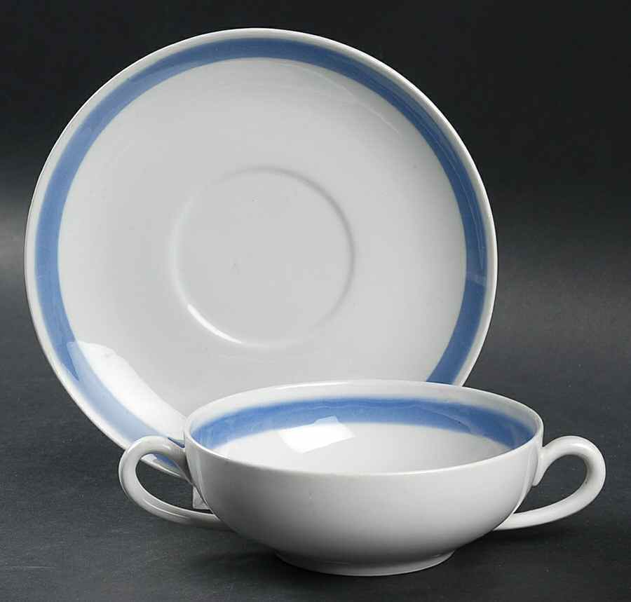 Ribbons Blue (White Background) Flat Cream Soup Bowl & Saucer Set by Arabia of Finland-1