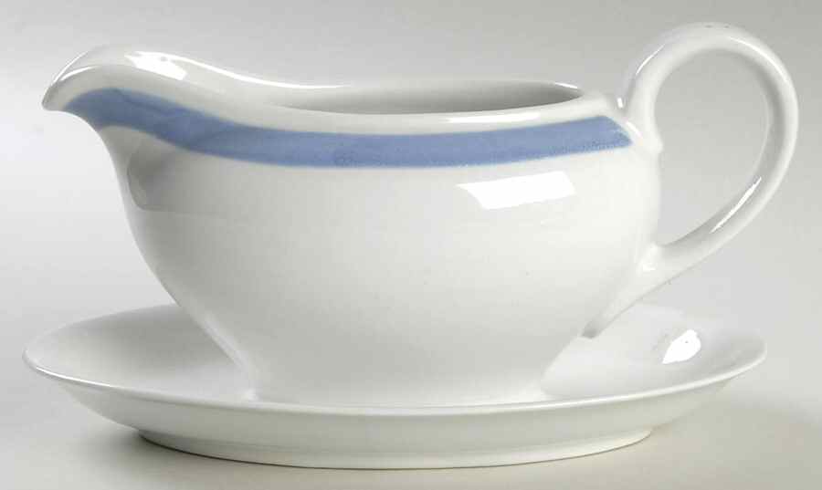 Ribbons Blue (White Background) Gravy Boat with Attached Underplate by Arabia of Finland-1