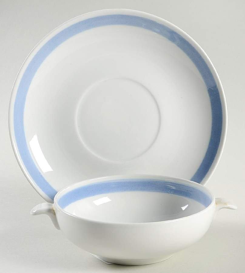 Ribbons Blue (White Background) Flat Cream Soup Bowl & Saucer Set by Arabia of Finland-1