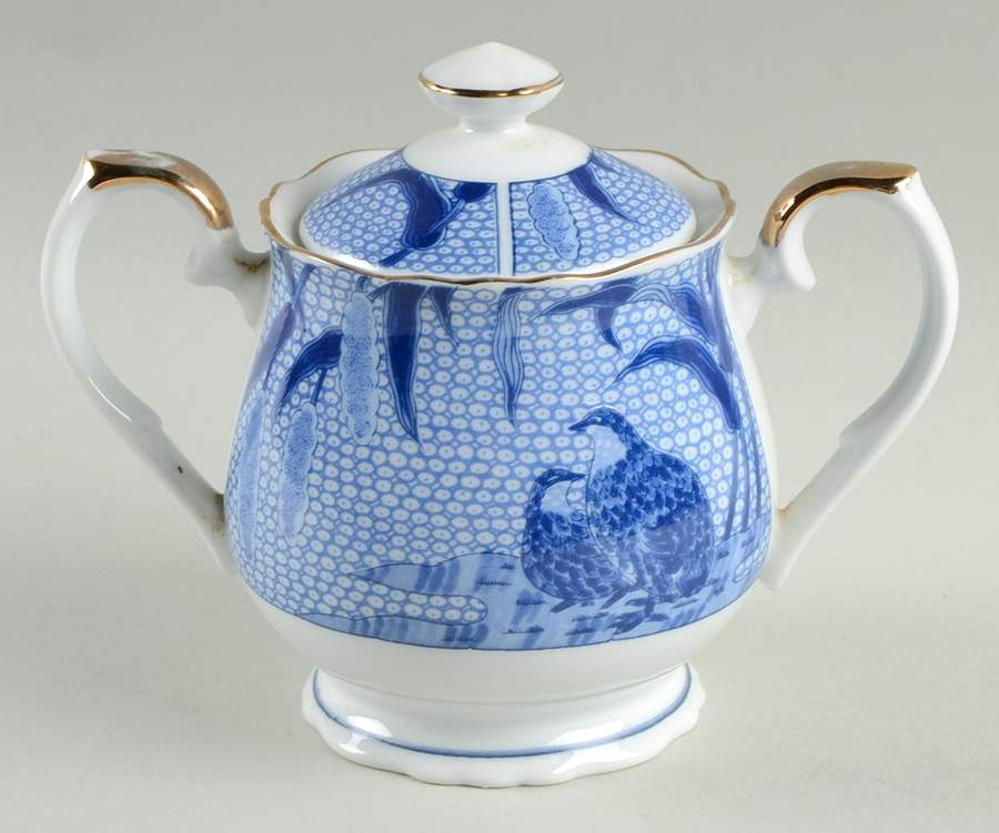 Blue Chinese Quail Sugar Bowl & Lid by Arita-1