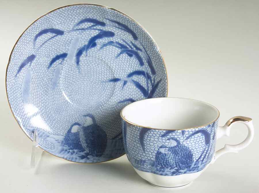 Blue Chinese Quail Flat Cup & Saucer Set by Arita-1