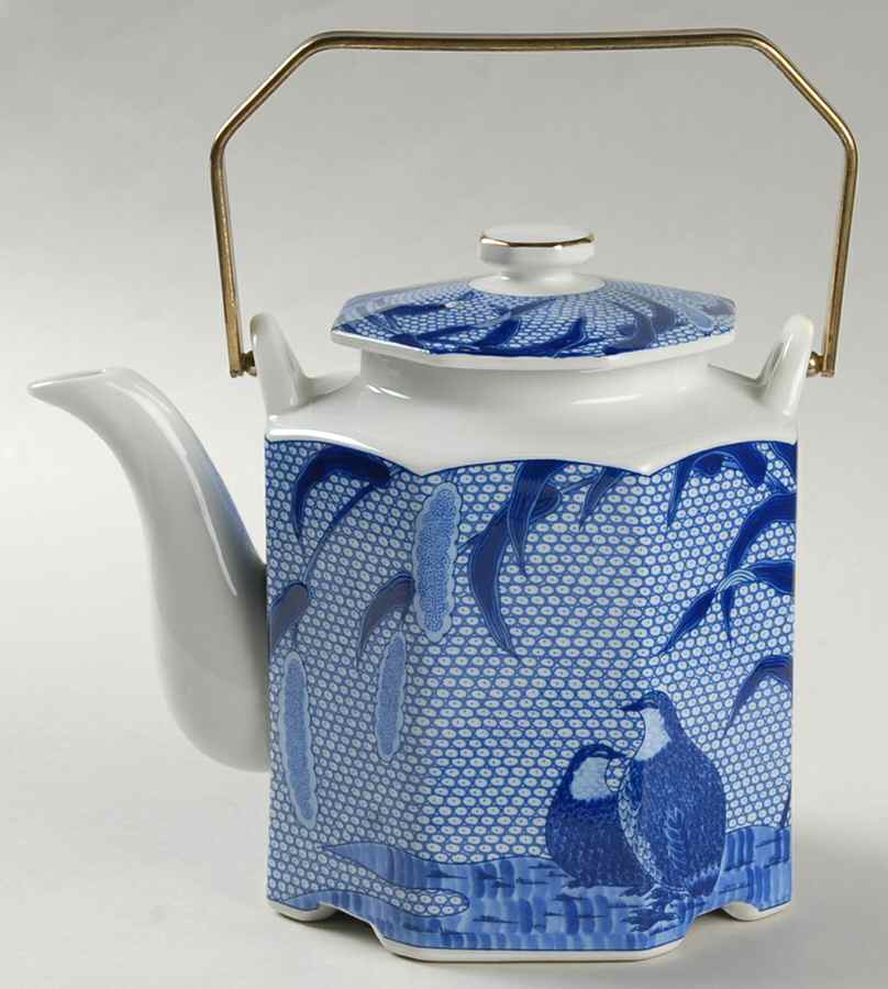 Blue Chinese Quail Teapot & Lid with Brass Handle by Arita-1