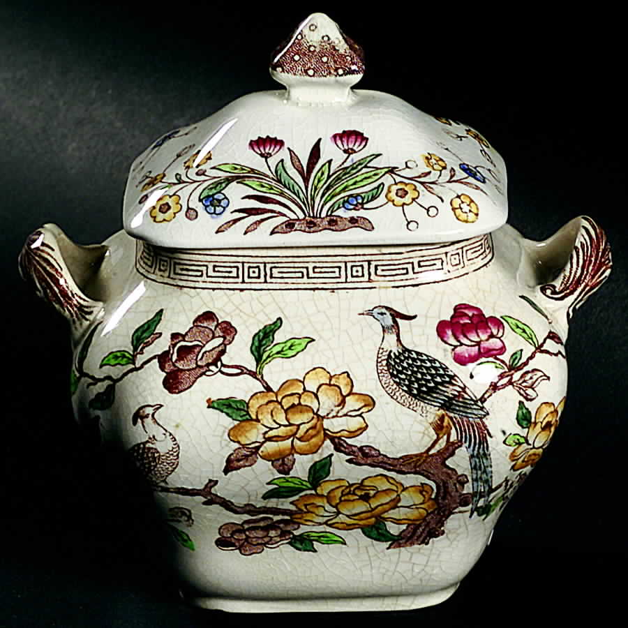 Asiatic Birds Brown Multicolor Sugar Bowl & Lid by Ashworth Bros-1
