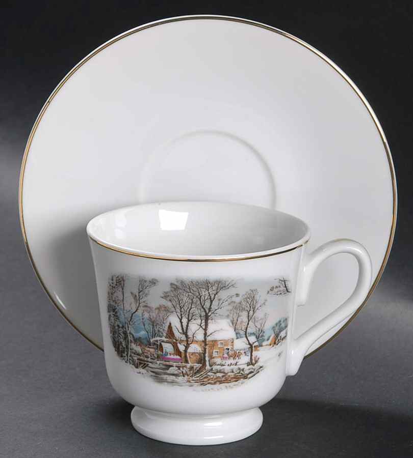 Currier & Ives (Smooth) Footed Cup & Saucer Set by Avon-1