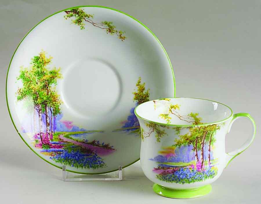 Bluebell Time (Green Trim) Footed Cup & Saucer Set by John  Aynsley & Sons-1