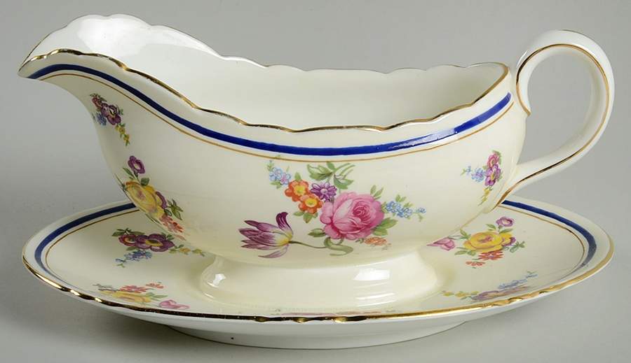 Claridge (Cobalt Border) Gravy Boat with Attached Underplate by John  Aynsley & Sons-1
