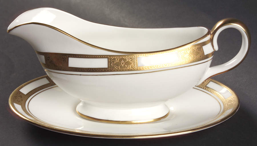 Empress White (Gold Encrusted, Smooth Or Scalloped) Gravy Boat & Underplate by John  Aynsley & Sons-1