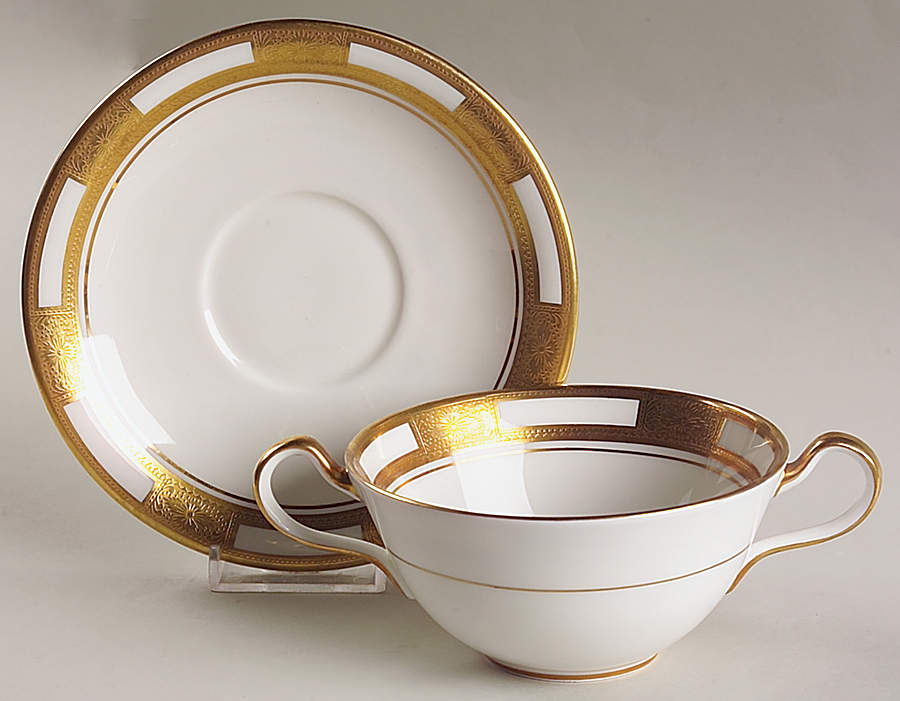 Empress White (Gold Encrusted, Smooth Or Scalloped) Flat Cream Soup Bowl & Saucer Set by John  Aynsley & Sons-1
