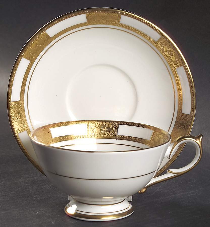 Empress White (Gold Encrusted, Smooth Or Scalloped) Footed Cup & Saucer Set by John  Aynsley & Sons-1