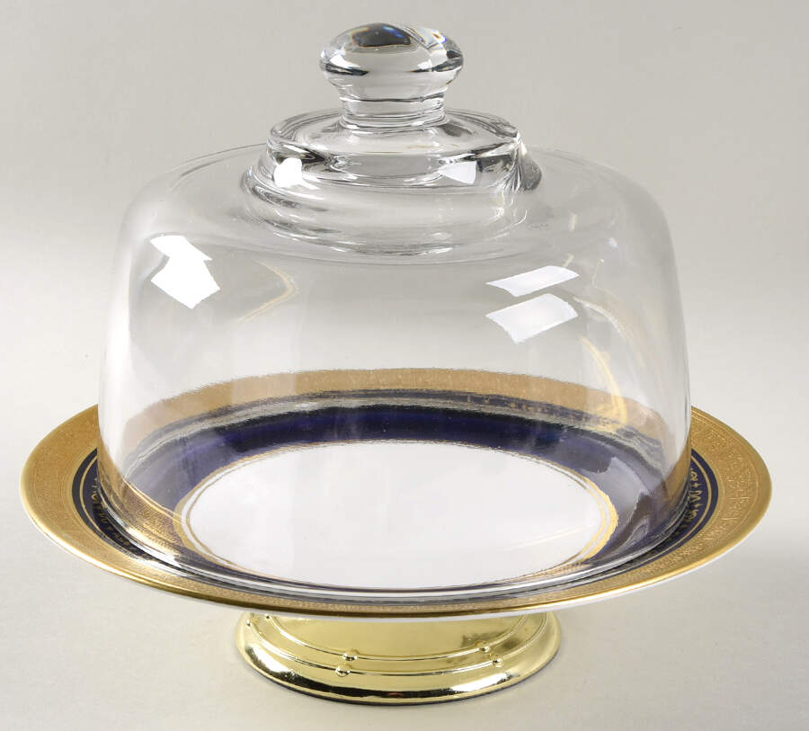 Georgian Cobalt 6 1/2"-7 1/2" Footed Cheese Plate w/ Glass Dome HC by John  Aynsley & Sons-1