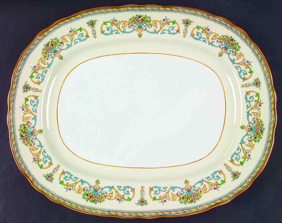 Henley (Scalloped, Yellow Trim) 13" Oval Serving Platter by John  Aynsley & Sons-1