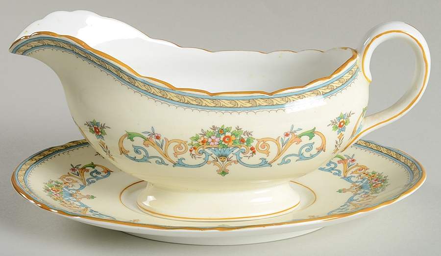 Henley (Scalloped, Yellow Trim) Gravy Boat & Underplate by John  Aynsley & Sons-1
