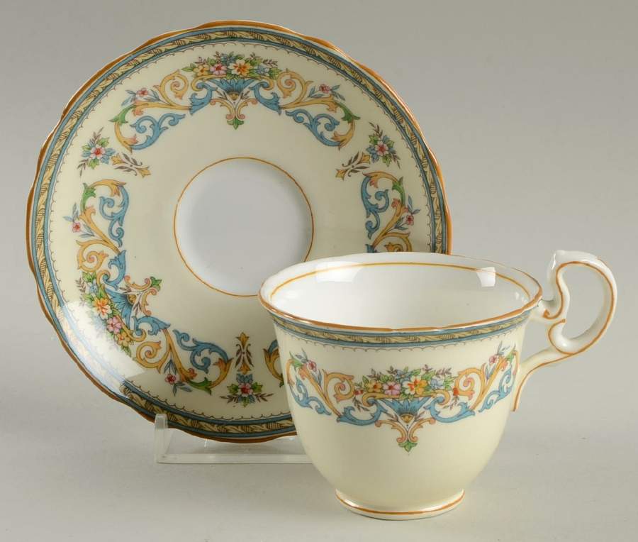 Henley (Scalloped, Yellow Trim) Flat Demitasse Cup & Saucer Set by John  Aynsley & Sons-1