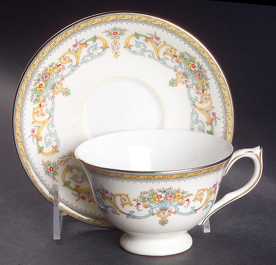 Henley (Smooth, Gold Trim, Blue Backstamp) Footed Cup & Saucer Set by John  Aynsley & Sons-1
