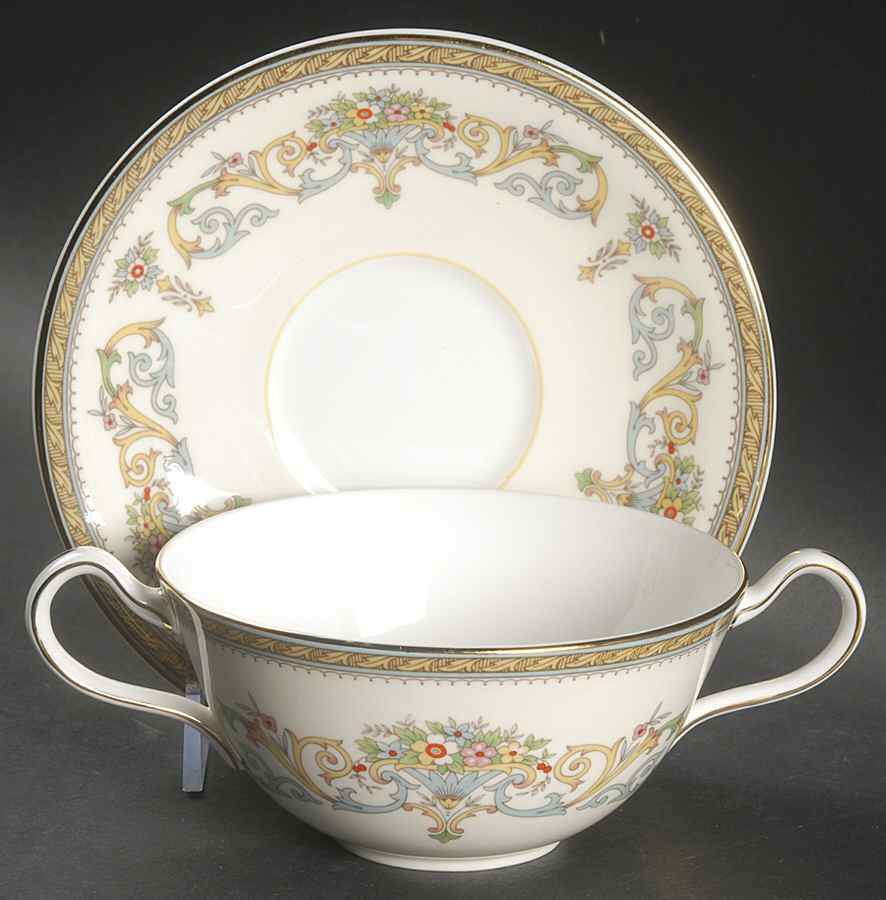 Henley (Smooth, Gold Trim, Blue Backstamp) Flat Cream Soup Bowl & Saucer Set by John  Aynsley & Sons-1