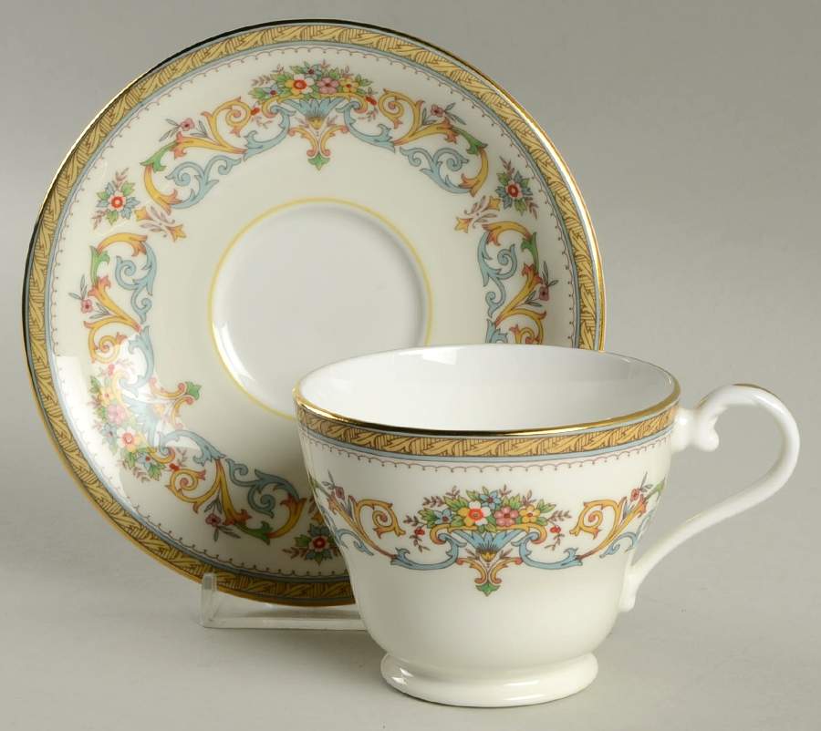 Henley (Smooth, Gold Trim, Blue Backstamp) Footed Cup & Saucer Set by John  Aynsley & Sons-1
