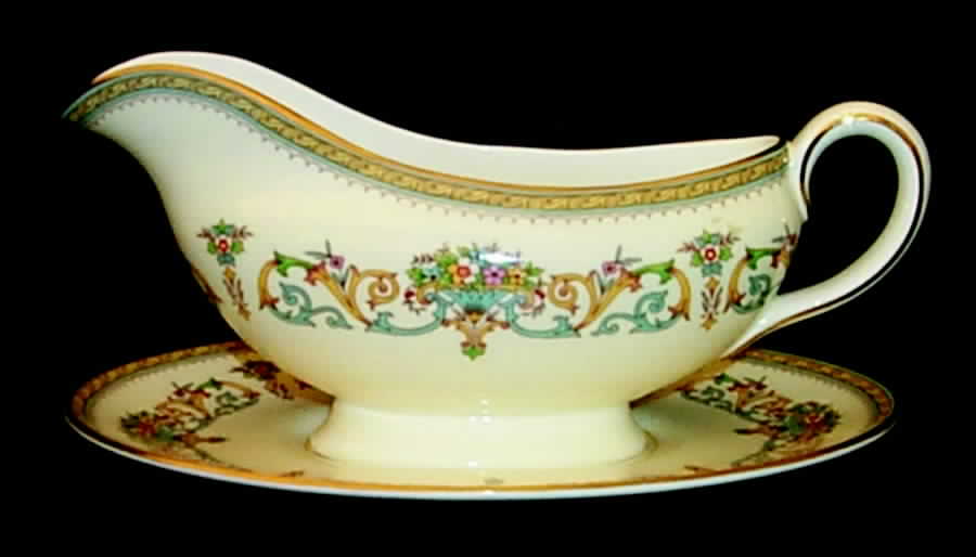 Henley (Smooth, Gold Trim, Green Backstamp) Gravy Boat & Underplate by John  Aynsley & Sons-1