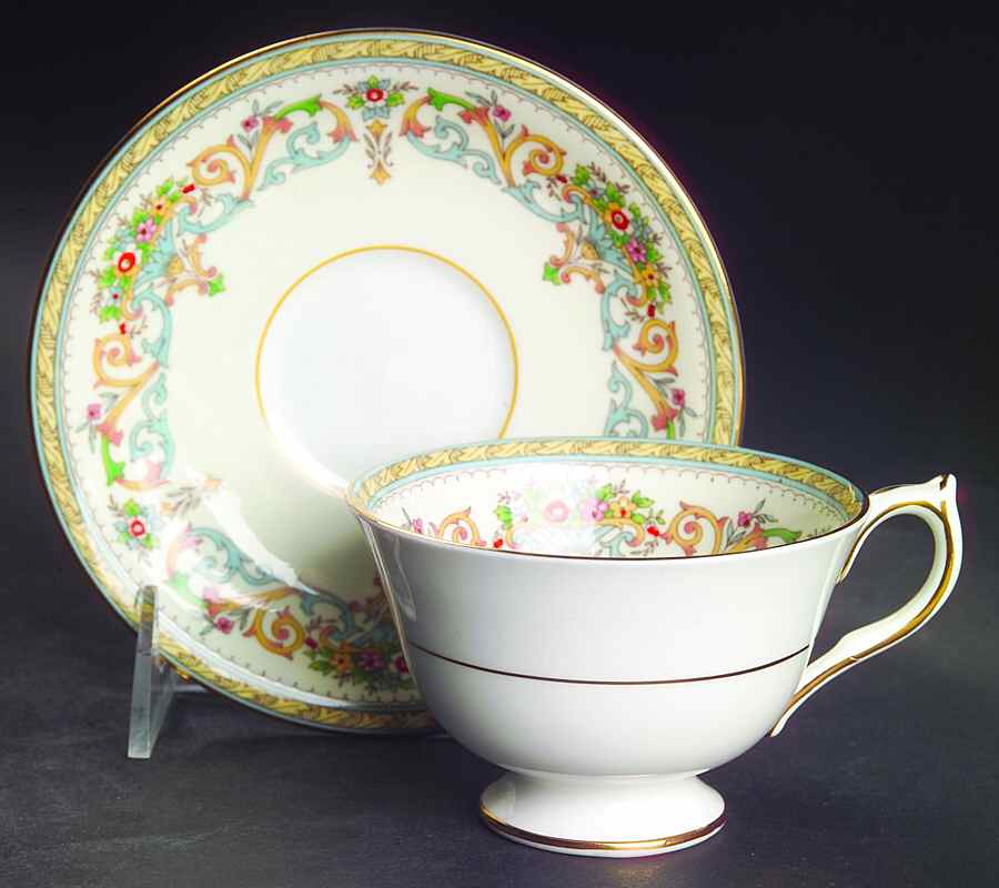 Henley (Smooth, Gold Trim, Green Backstamp) Footed Cup & Saucer Set by John  Aynsley & Sons-1
