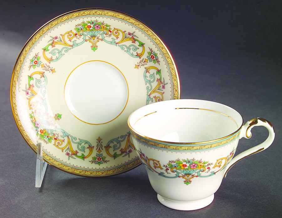 Henley (Smooth, Gold Trim, Green Backstamp) Footed Cup & Saucer Set by John  Aynsley & Sons-1