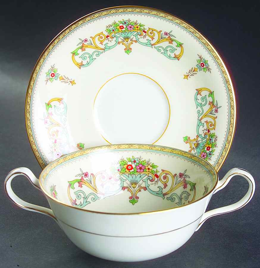 Henley (Smooth, Gold Trim, Green Backstamp) Flat Cream Soup Bowl & Saucer Set by John  Aynsley & Sons-1