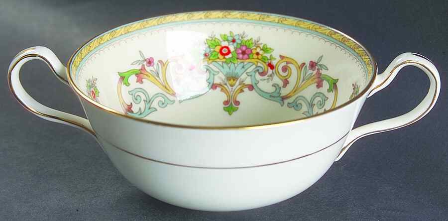 Henley (Smooth, Gold Trim, Green Backstamp) Flat Cream Soup Bowl by John  Aynsley & Sons-1
