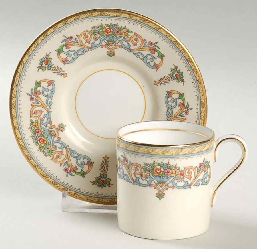 Henley (Smooth, Gold Trim, Green Backstamp) Flat Demitasse Cup & Saucer Set by John  Aynsley & Sons-1