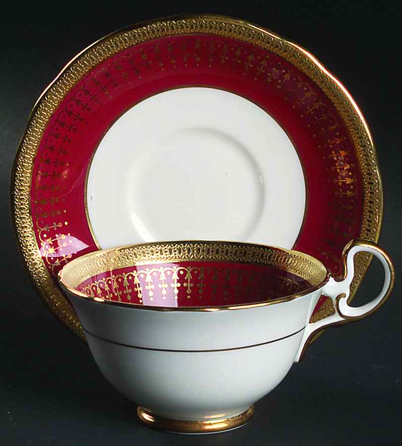 Hertford Maroon (Scalloped) Footed Cup & Saucer Set by John  Aynsley & Sons-1