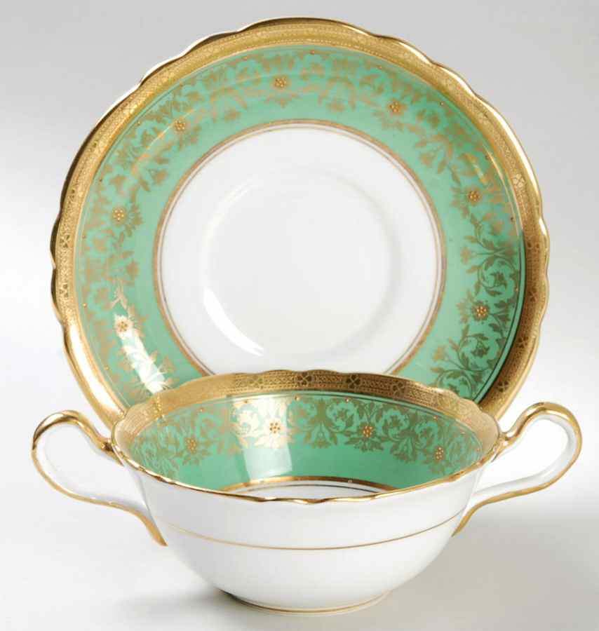 Kenilworth Green (Scalloped, Gold Encrusted) Flat Cream Soup Bowl & Saucer Set by John  Aynsley & Sons-1