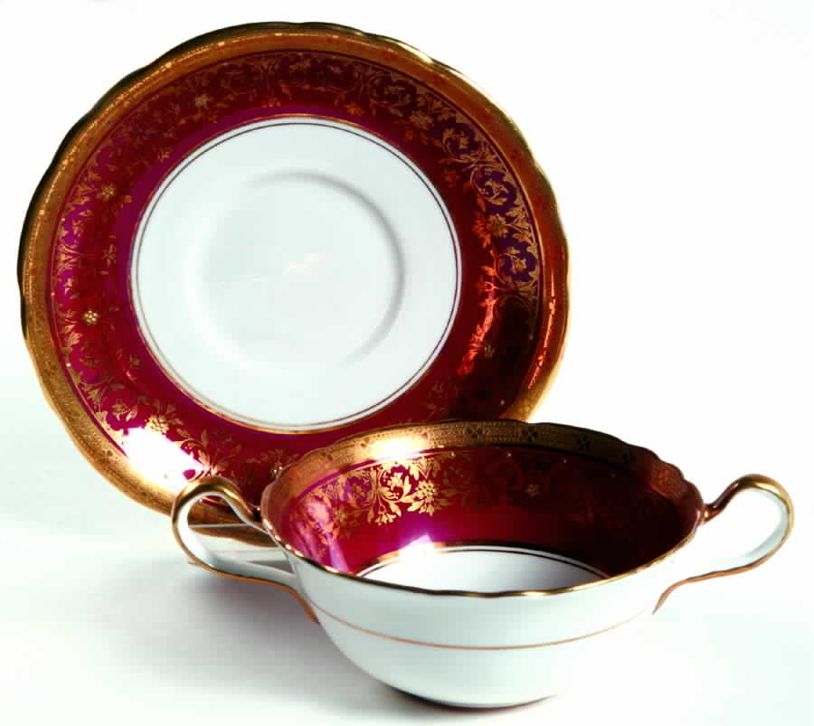 Kenilworth Red (Scalloped) Flat Cream Soup Bowl & Saucer Set by John  Aynsley & Sons-1