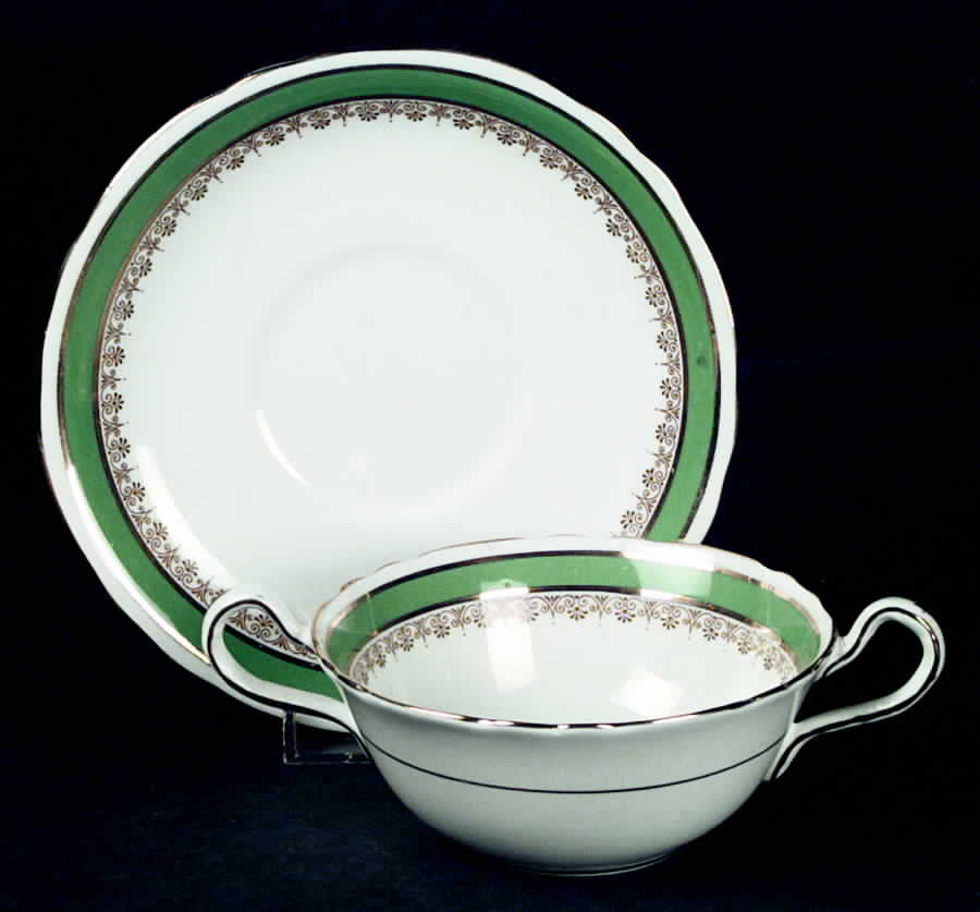 Warwick Green & Gold Flat Cream Soup Bowl & Saucer Set by John  Aynsley & Sons-1
