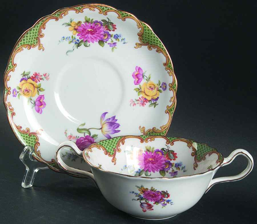 Wilton Green Flat Cream Soup Bowl & Saucer Set by John  Aynsley & Sons-1