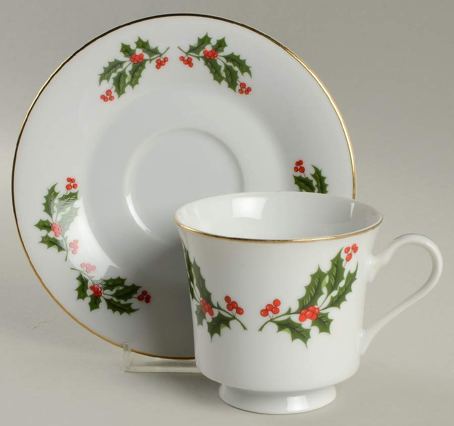 Christmas Holly (Porcelain) Footed Cup & Saucer Set by All the Trimmings-1