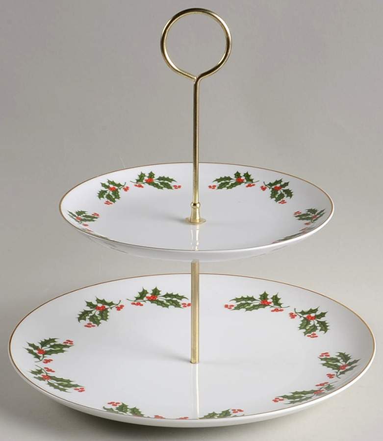 Christmas Holly (Porcelain) 2 Tiered Serving Tray (Dinner & Salad Plate) by All the Trimmings-1