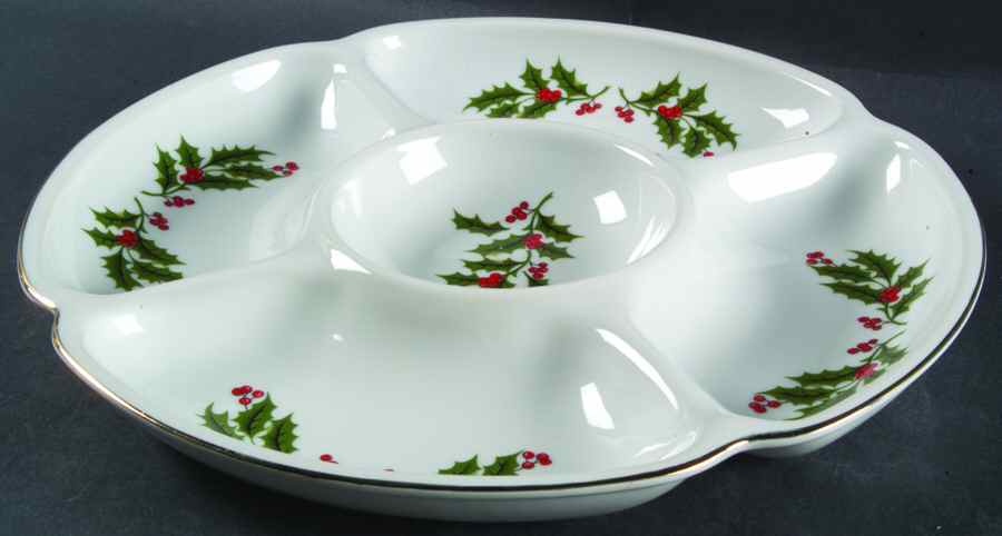 Christmas Holly (Porcelain) Chip and Dip, 1 Piece, 5 Section, Round by All the Trimmings-1