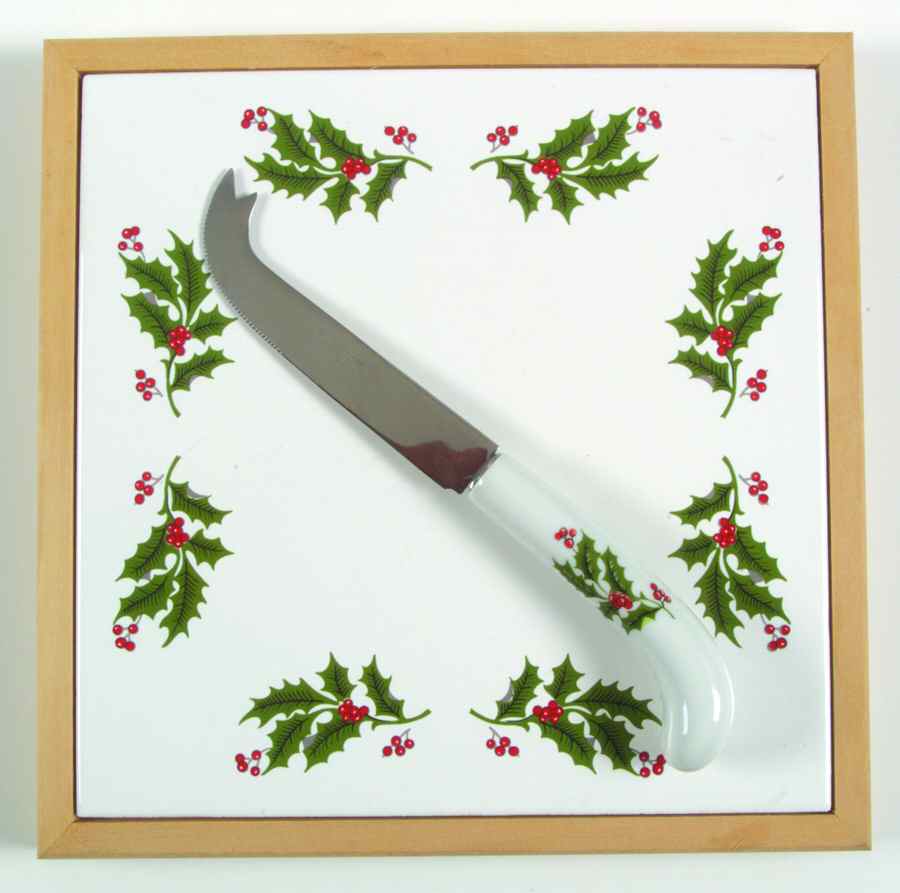 Christmas Holly (Porcelain) 2 Piece Cheese Dish and Knife Set by All the Trimmings-1