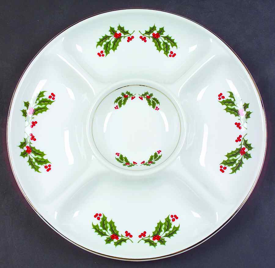 Christmas Holly (Porcelain) Chip and Dip, 1 Piece, 5 Section, Round by All the Trimmings-1