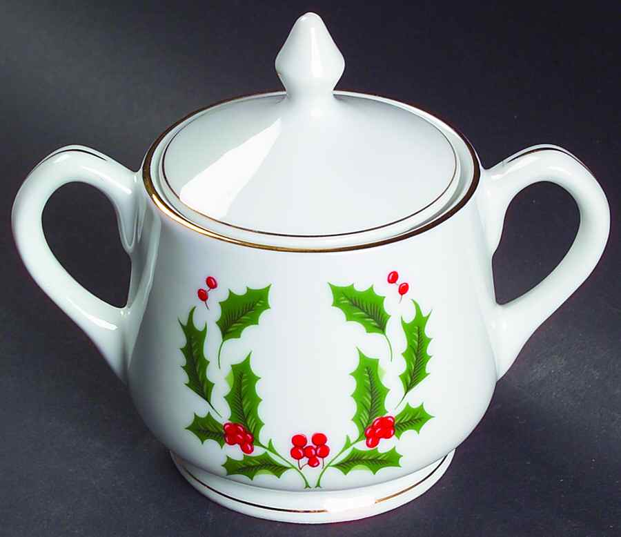 Christmas Holly (Porcelain) Mini Sugar Bowl & Lid by All the Trimmings-1