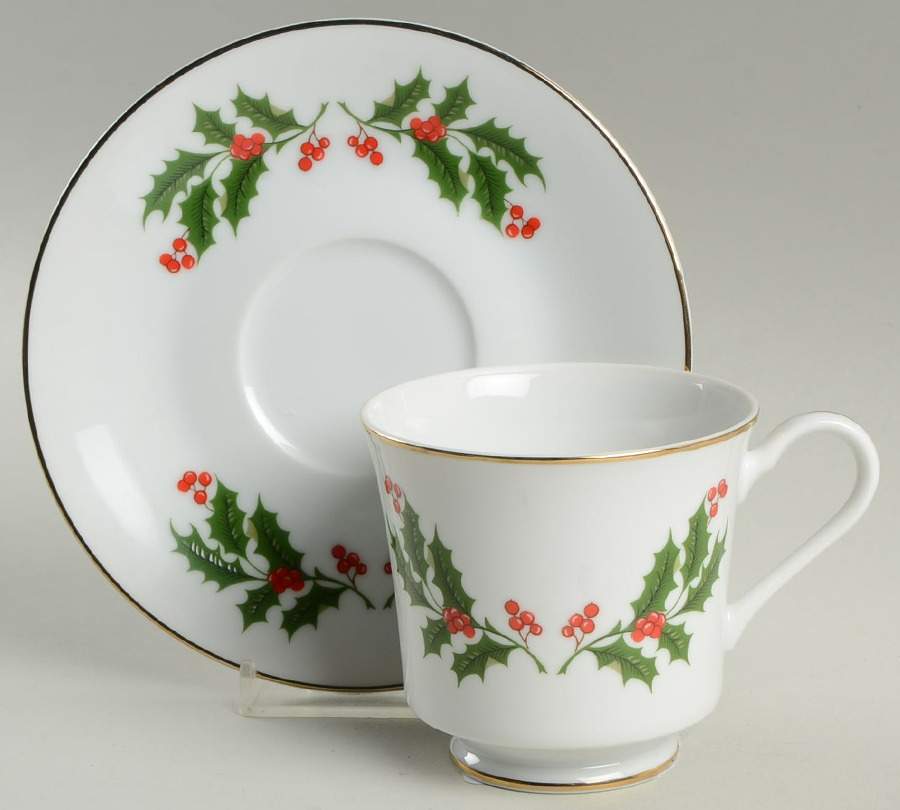 Christmas Holly (Porcelain) Footed Cup & Saucer Set by All the Trimmings-1